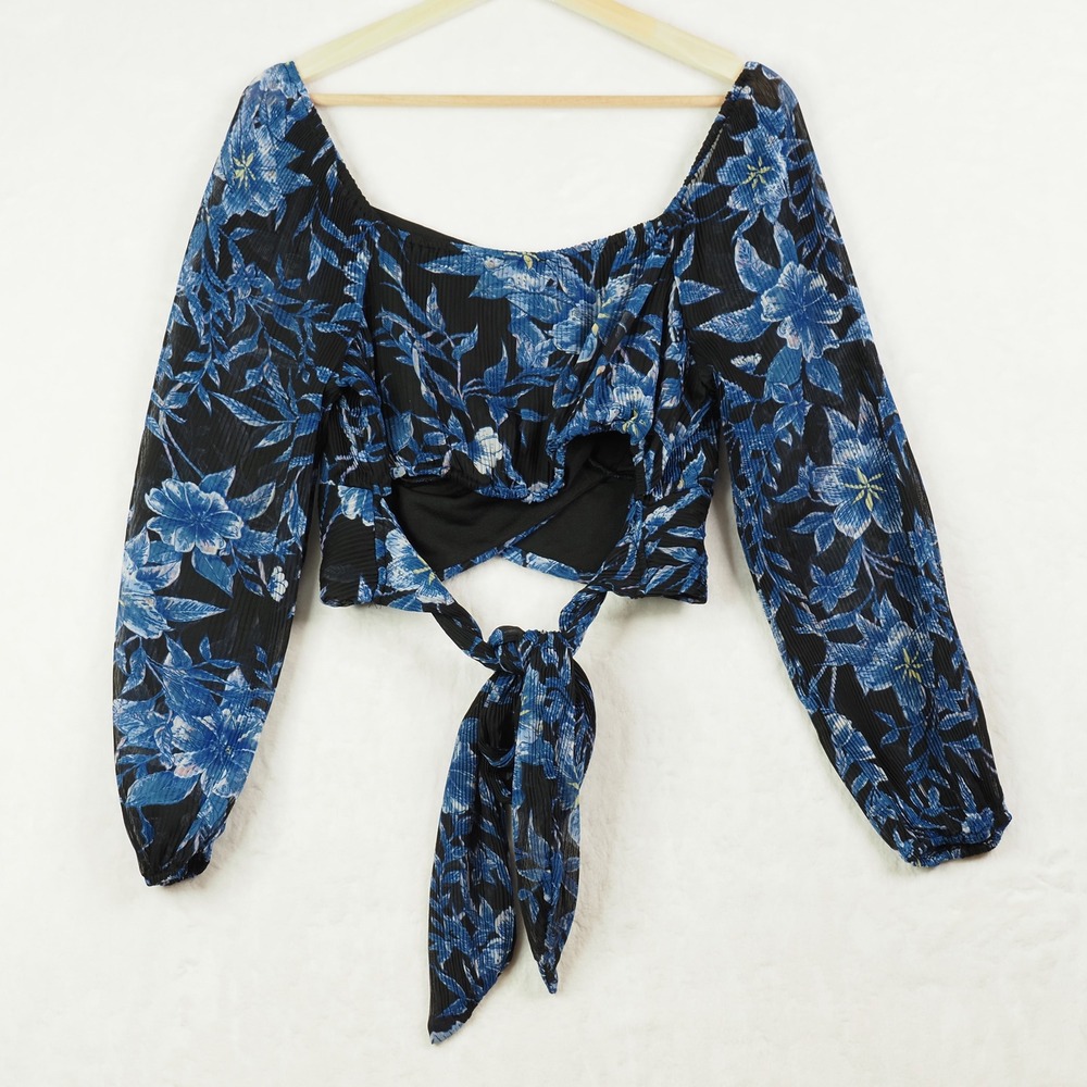Blue Floral Crop Top L Tie Front Balloon Sleeve Cottagecore Boho Japna Romantic - Picture 2 of 9
